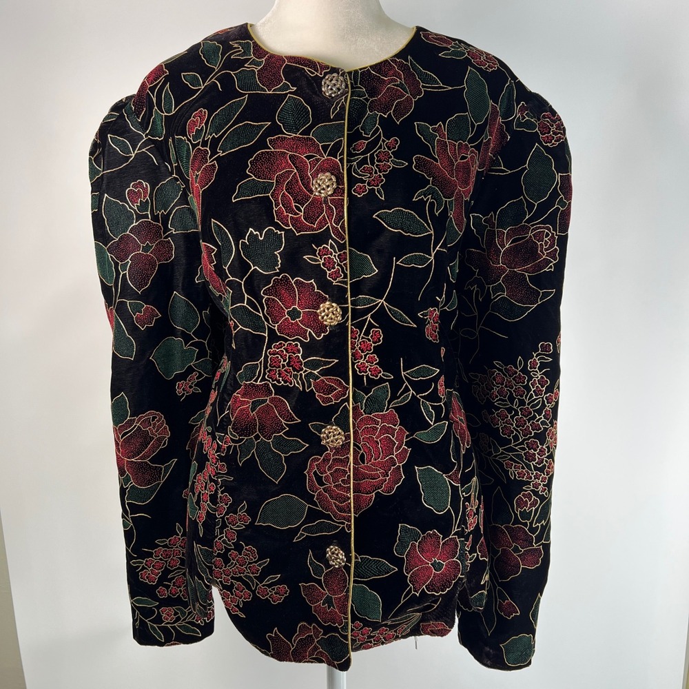 Another Thyme Floral Velvet Blazer Puff Shoulder Gold Button Black Red Sz 20 Vtg